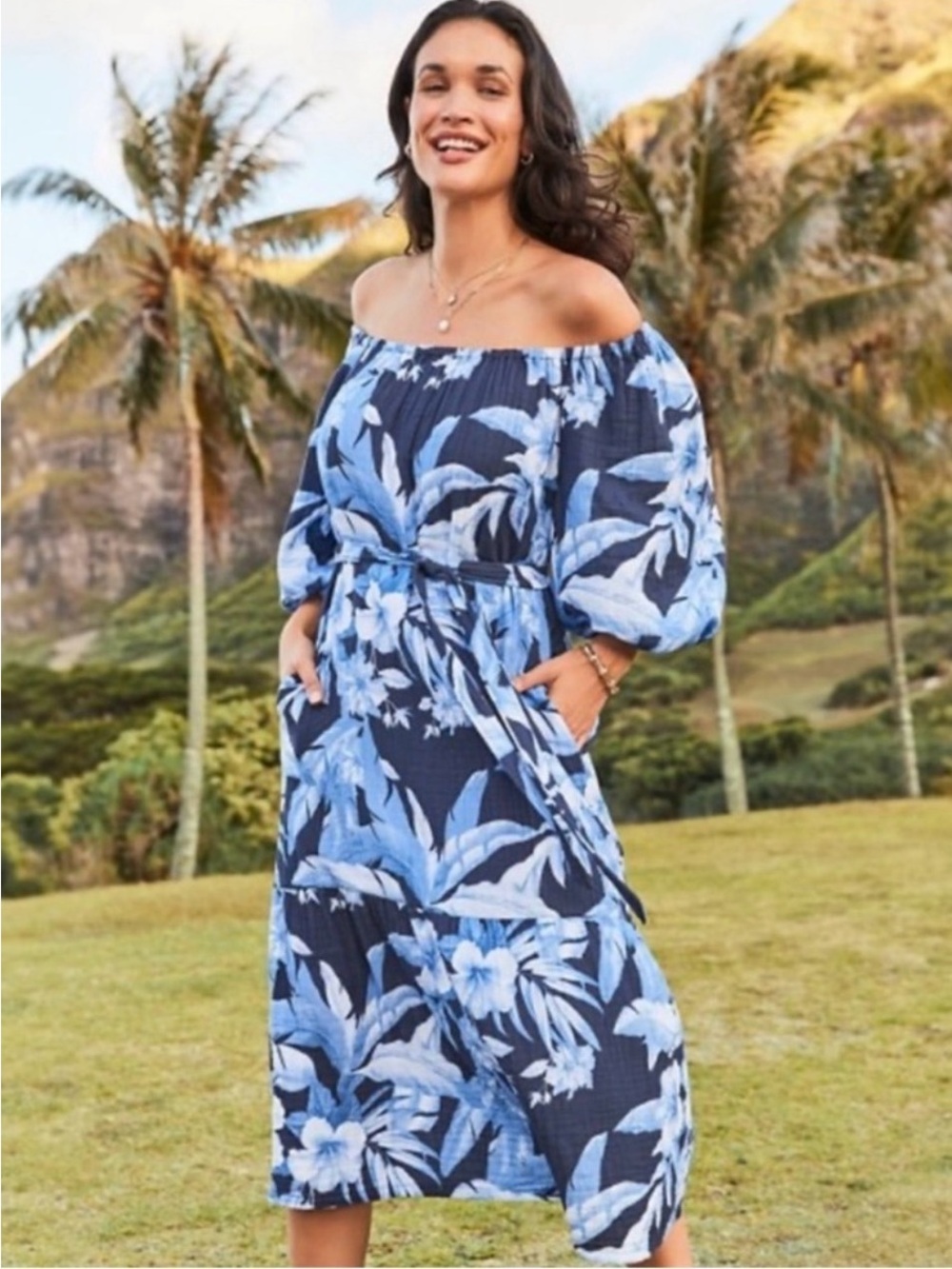 NEW Womens Size M Tommy Bahama Daybreak Hibiscus Dress Off-the-shoulder  $178 XL